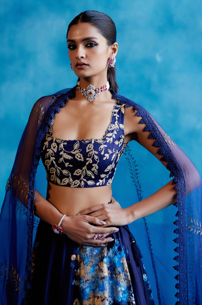 Navy Silk Chanderi Hand Painted Lehenga Set