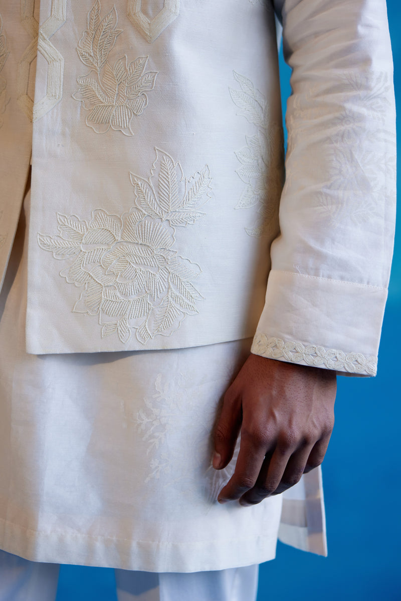 Ivory Silk Chanderi Kurta and Embroidered Bundi Set