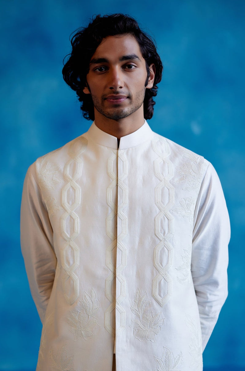 Ivory Silk Chanderi Kurta and Embroidered Bundi Set