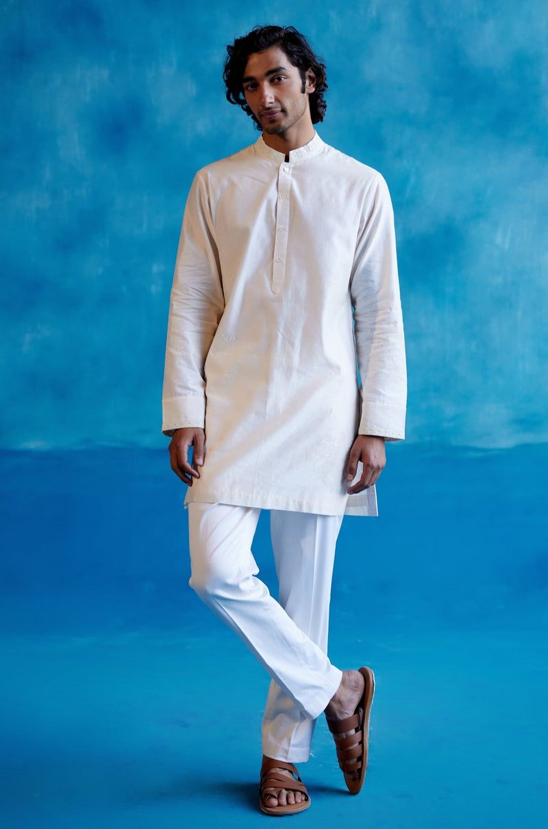 Ivory Silk Chanderi Kurta and Embroidered Bundi Set