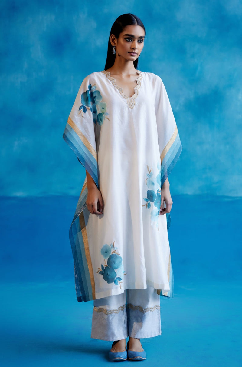 Ivory and Blue Silk Chanderi Hand-Painted Embroidered Kaftan Set