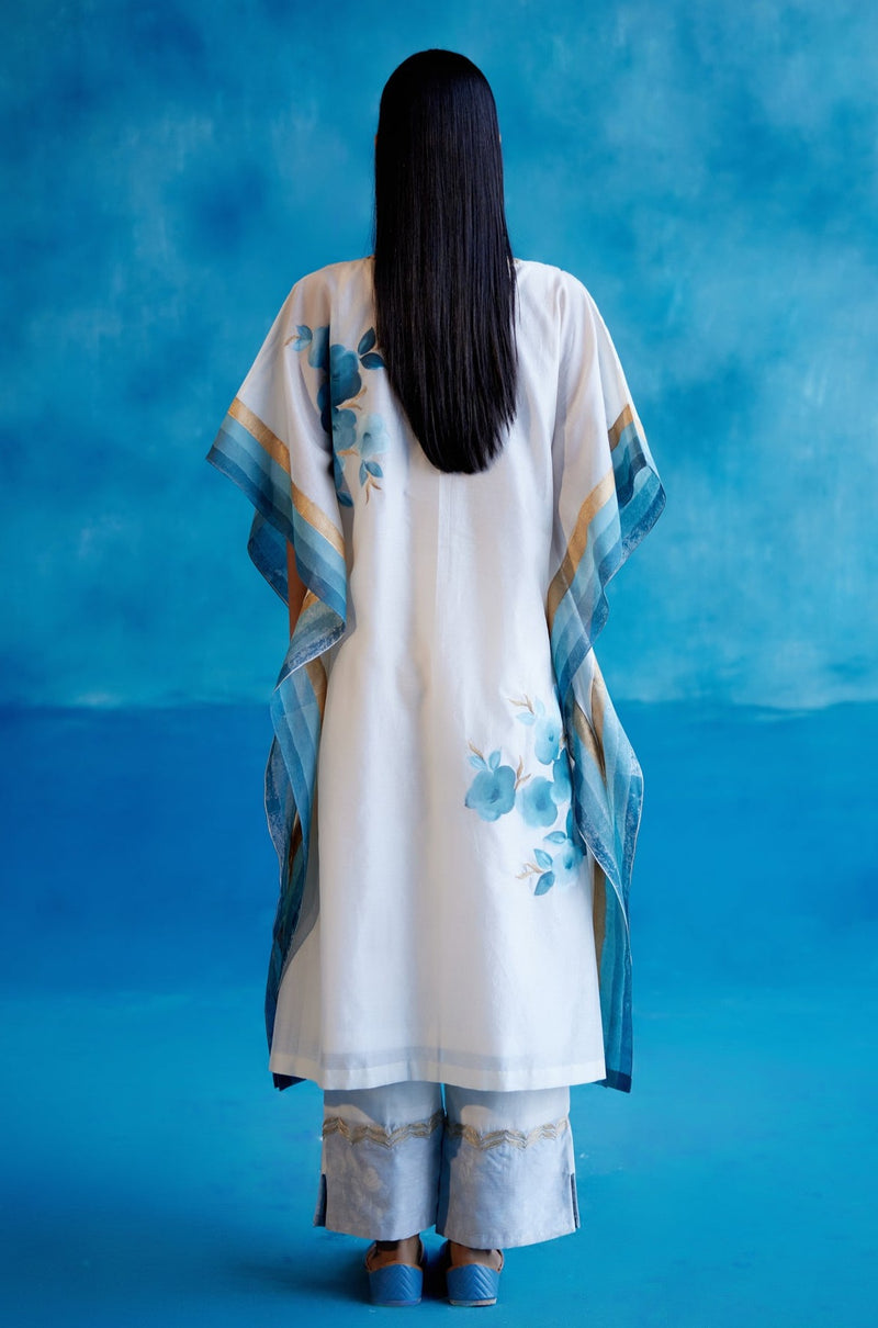 Ivory and Blue Silk Chanderi Hand-Painted Embroidered Kaftan Set