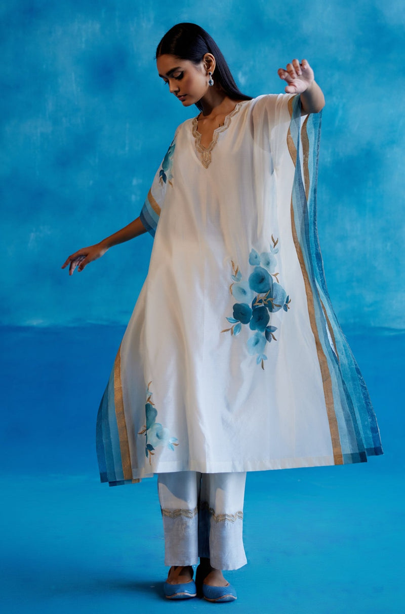 Ivory and Blue Silk Chanderi Hand-Painted Embroidered Kaftan Set