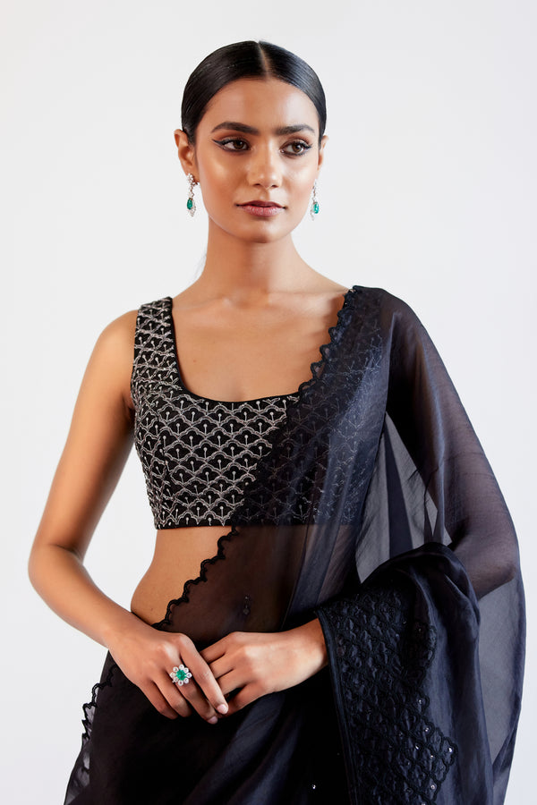 Black Sequins Embroidered Silk Organza Saree