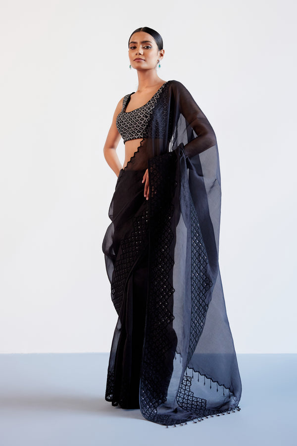 Black Sequins Embroidered Silk Organza Saree