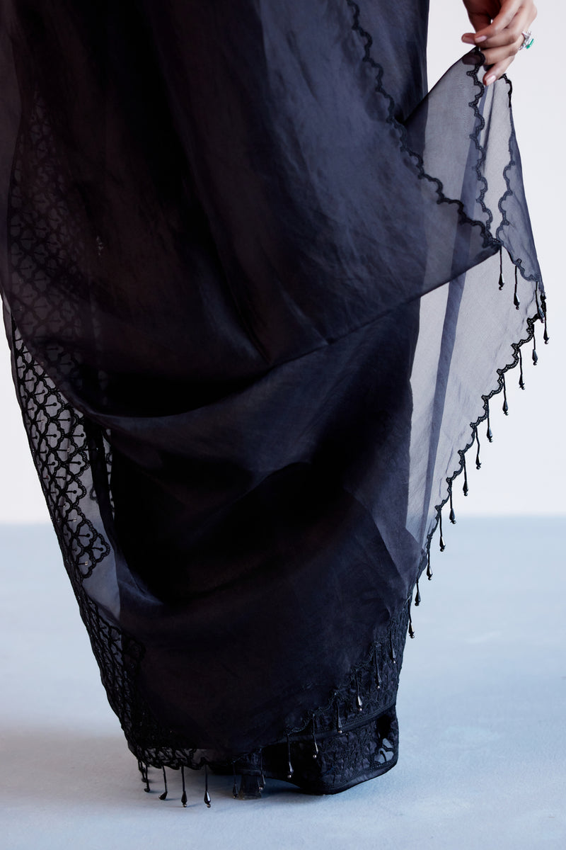 Black Sequins Embroidered Silk Organza Saree