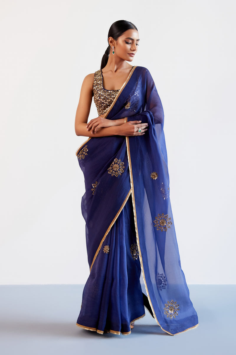 Navy Blue Zardozi and Sequins Hand Embroidered Silk Organza Saree