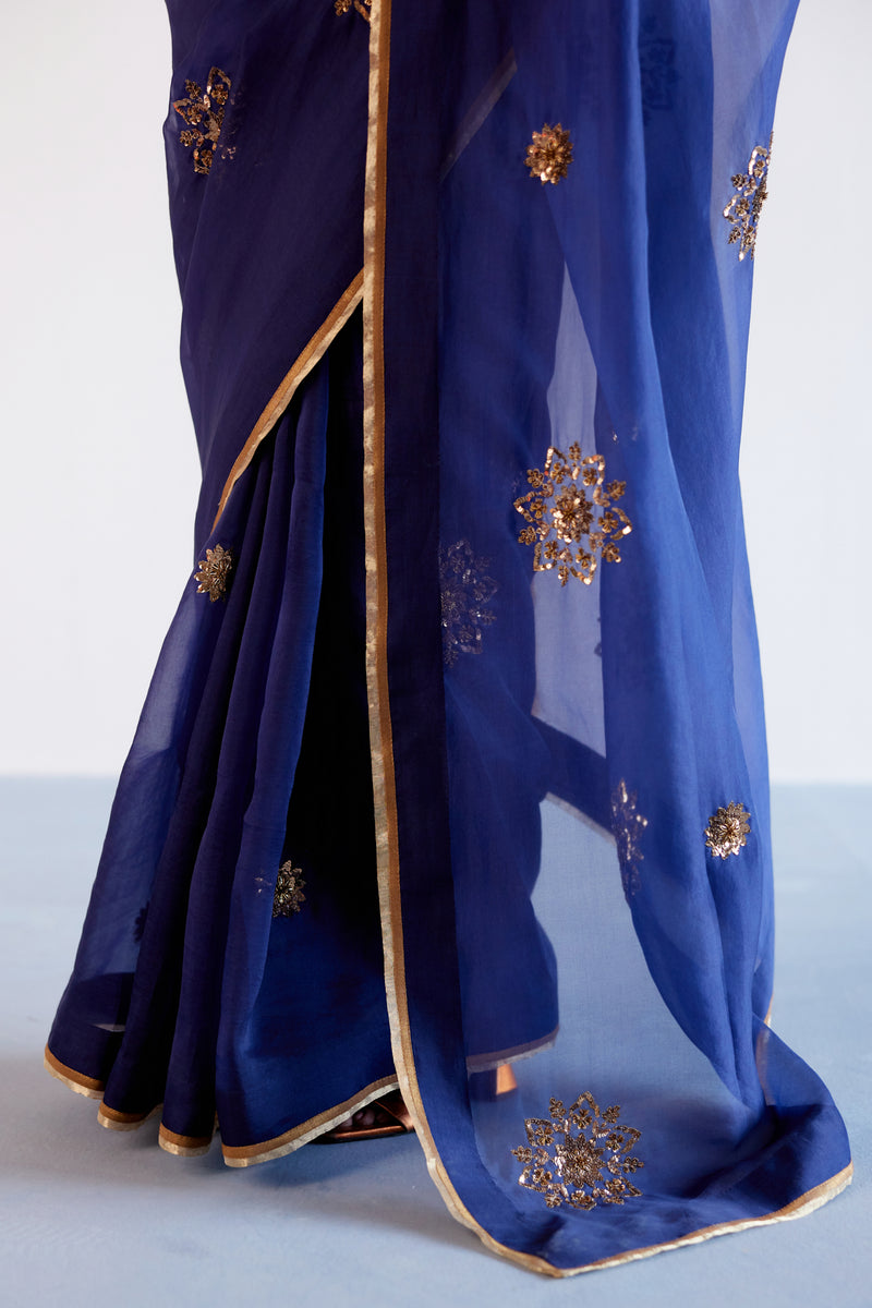 Navy Blue Zardozi and Sequins Hand Embroidered Silk Organza Saree