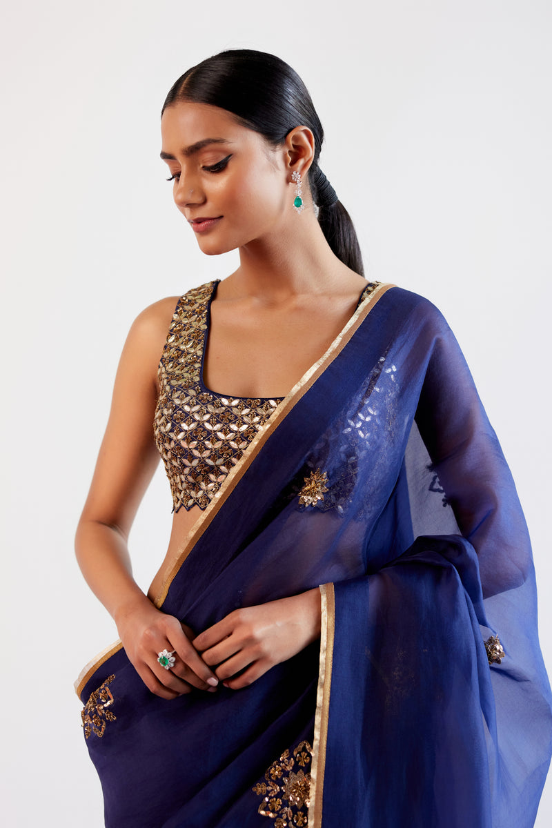 Navy Blue Zardozi and Sequins Hand Embroidered Silk Organza Saree