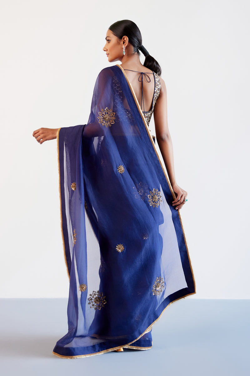 Navy Blue Zardozi and Sequins Hand Embroidered Silk Organza Saree