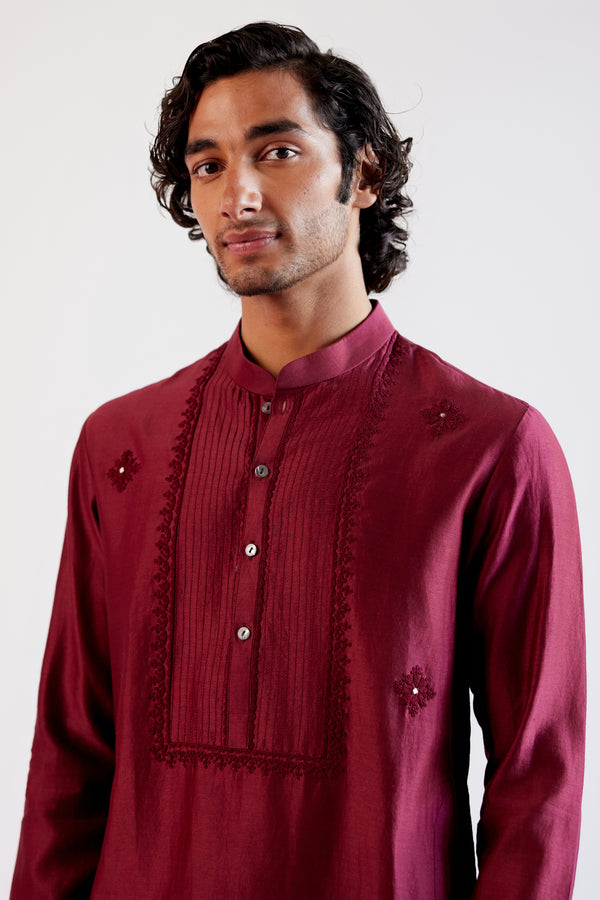 Maroon Self Embroidered Chanderi Kurta Set