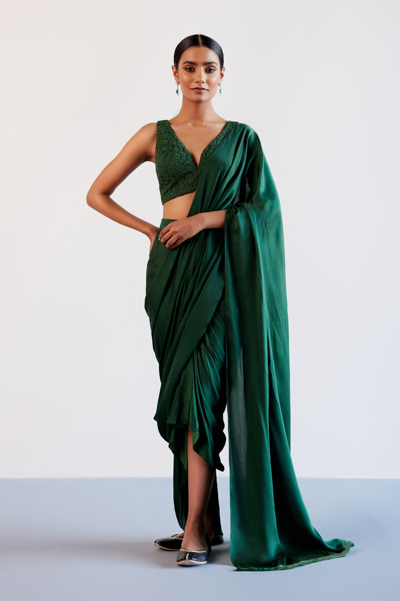 Green Satin Pre Draped Saree