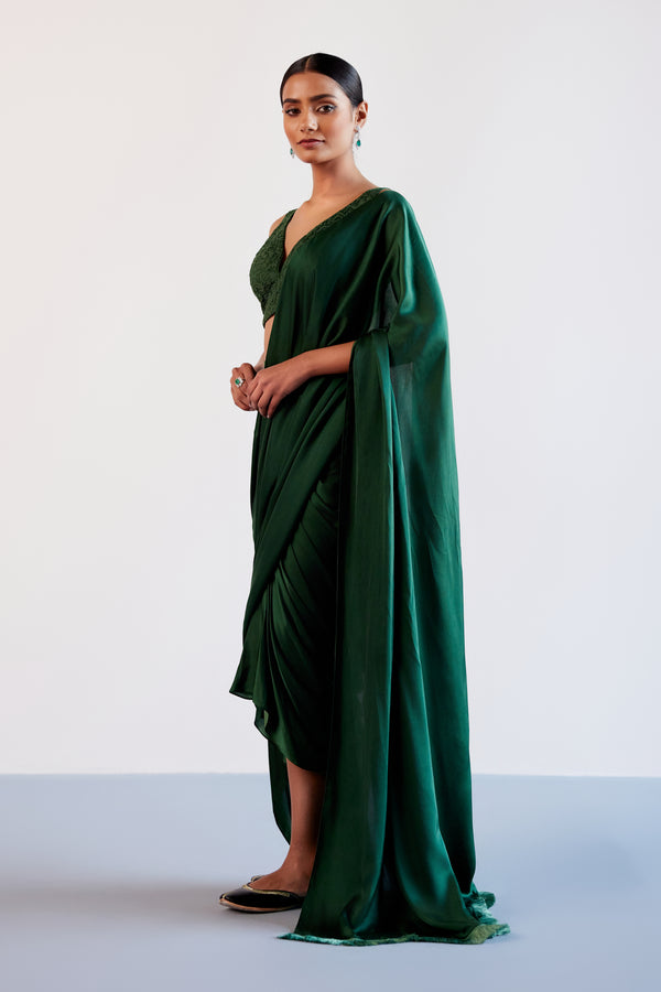 Green Satin Pre Draped Saree