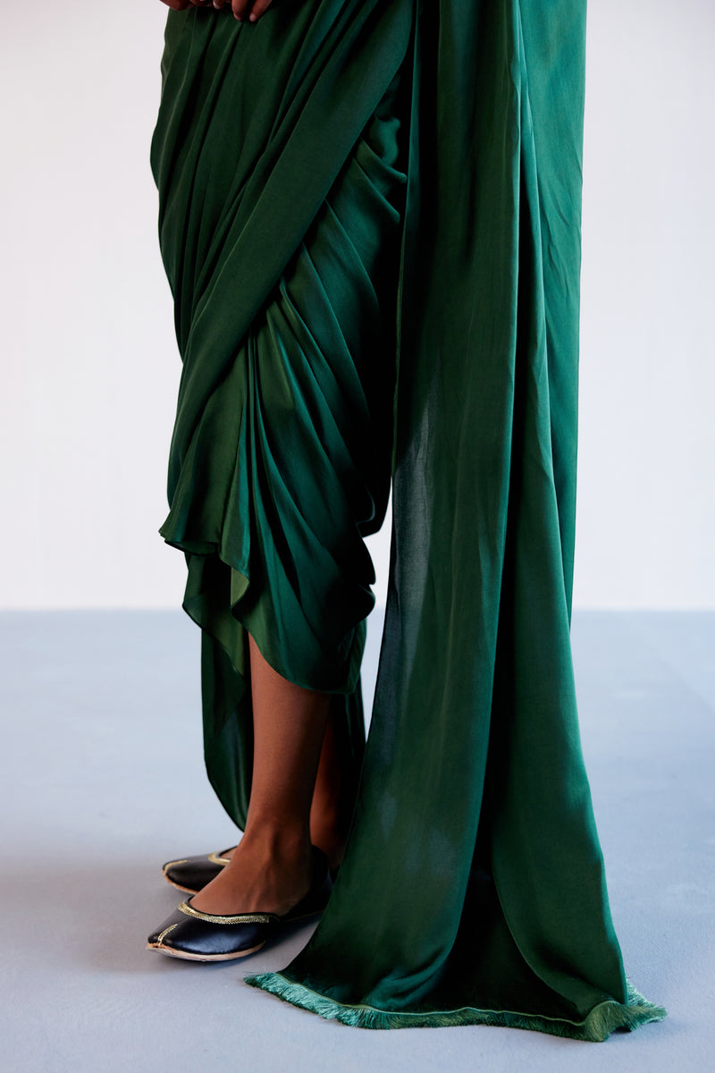 Green Satin Pre Draped Saree