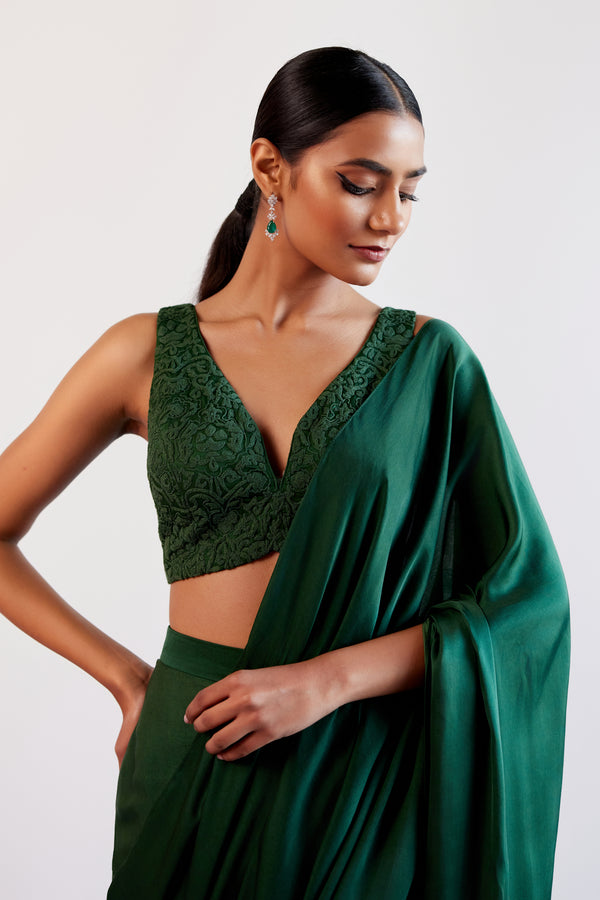 Green Satin Pre Draped Saree