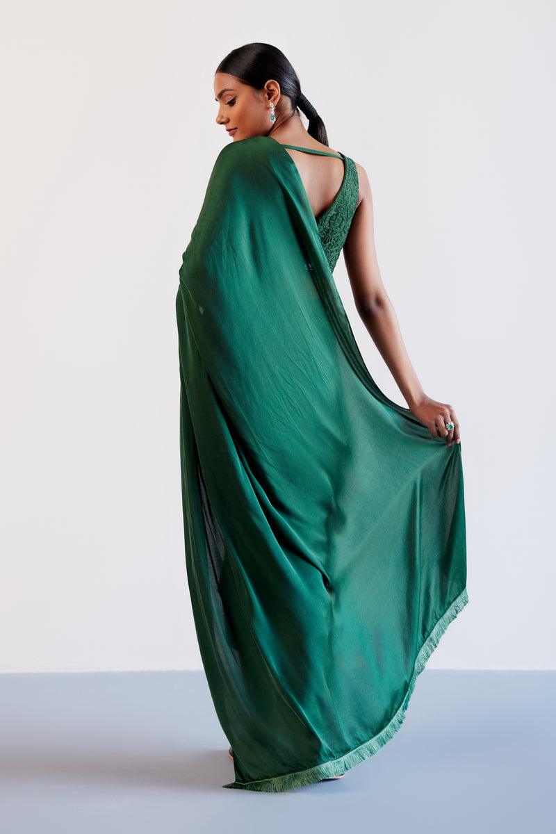 Green Satin Pre Draped Saree