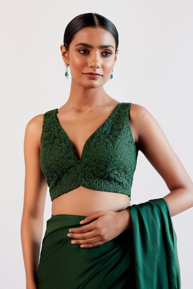 Green Satin Pre Draped Saree