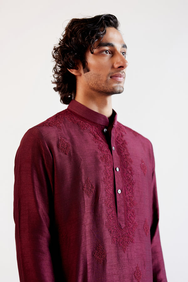 Maroon Embroidered Tussar Silk Kurta Set