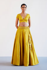 Mustard Yellow Embroidered Cotton Silk Satin Lehenga Set