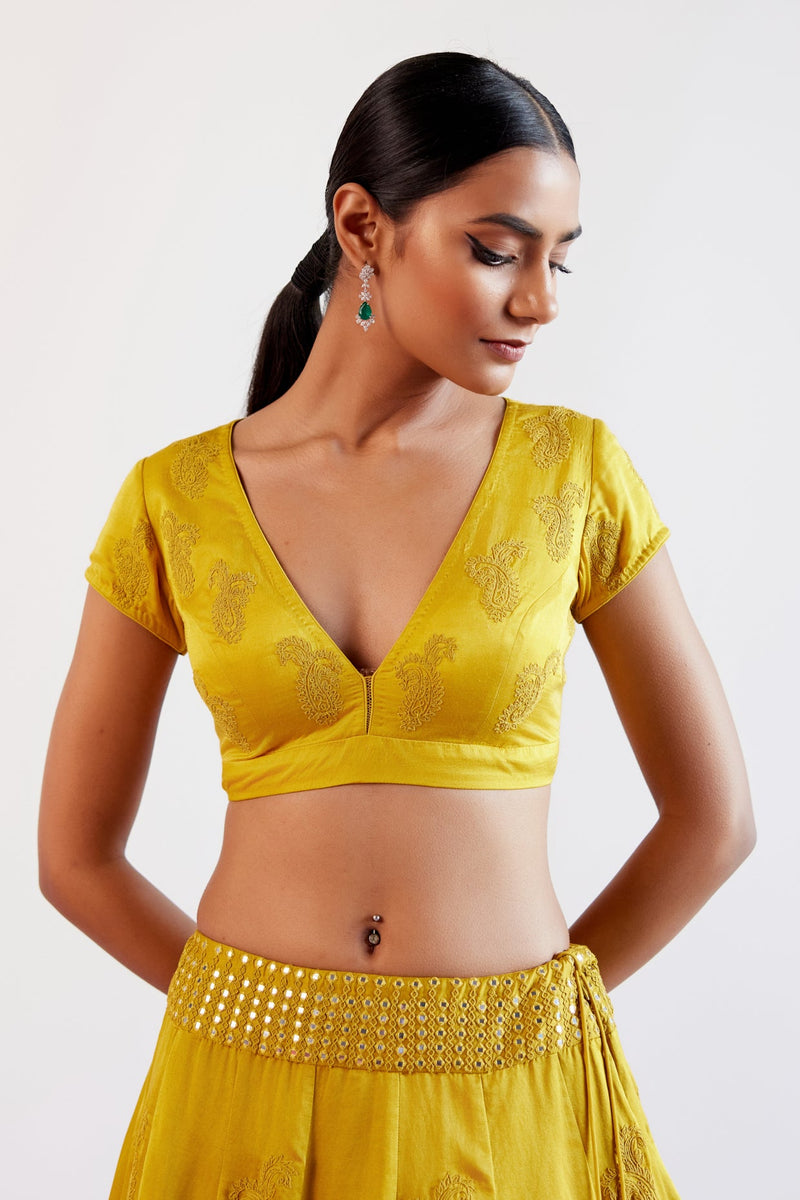 Malaika Arora in Mustard Yellow Embroidered Cotton Silk Satin Lehenga Set
