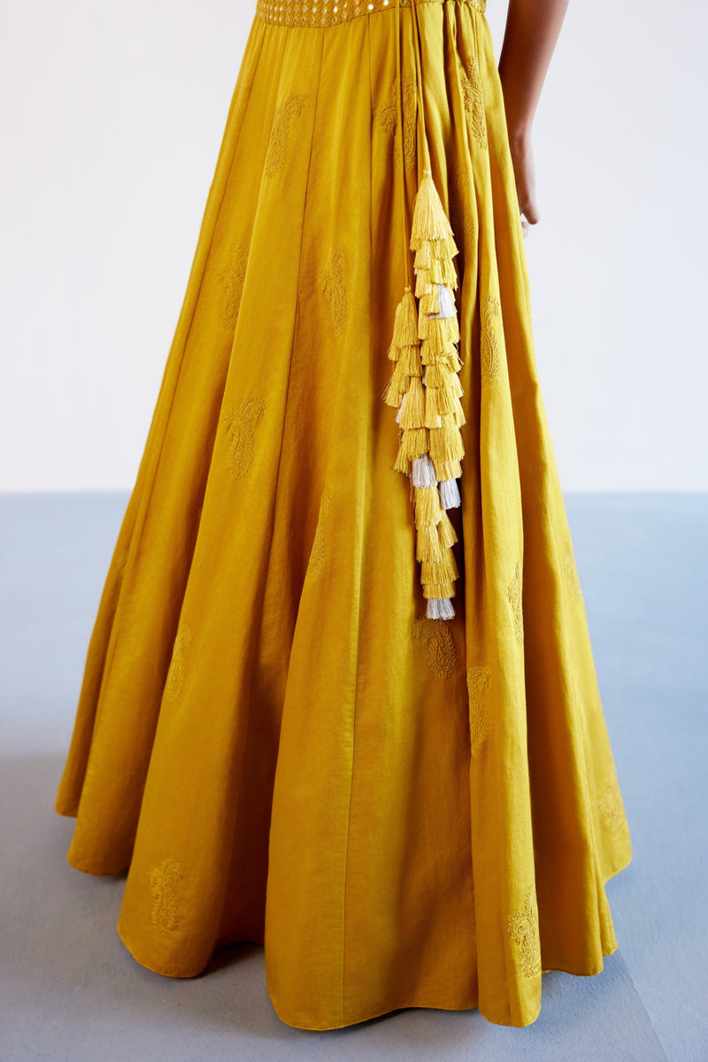 Malaika Arora in Mustard Yellow Embroidered Cotton Silk Satin Lehenga Set