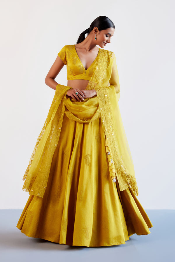 Natasha Luthra in Mustard Yellow Embroidered Cotton Silk Satin Lehenga Set