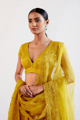 Natasha Luthra in Mustard Yellow Embroidered Cotton Silk Satin Lehenga Set