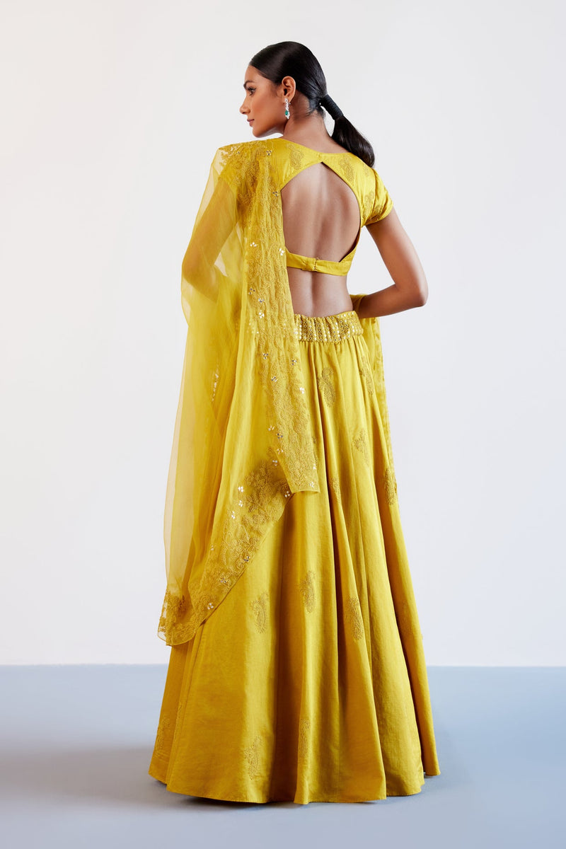 Malaika Arora in Mustard Yellow Embroidered Cotton Silk Satin Lehenga Set