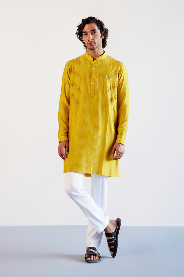 Mustard Self Embroidered Chanderi Kurta Set