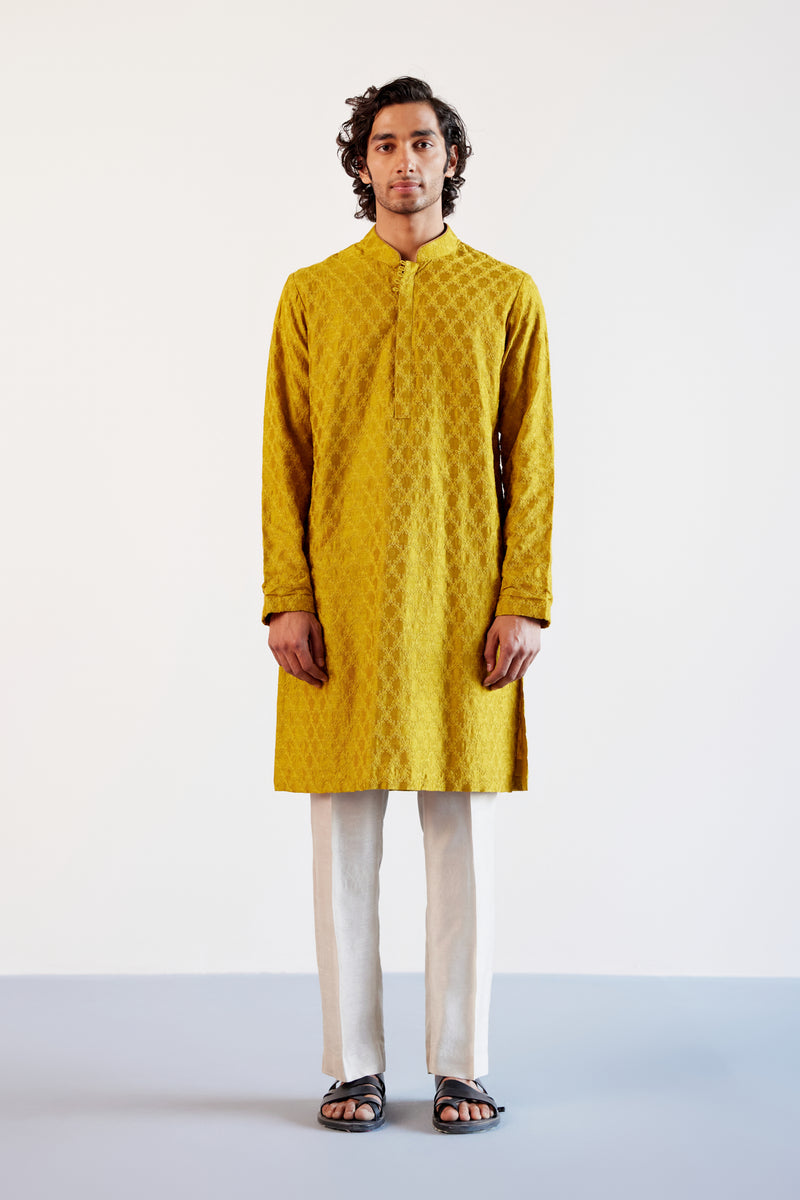 Mustard textured Chanderi Kurta Set