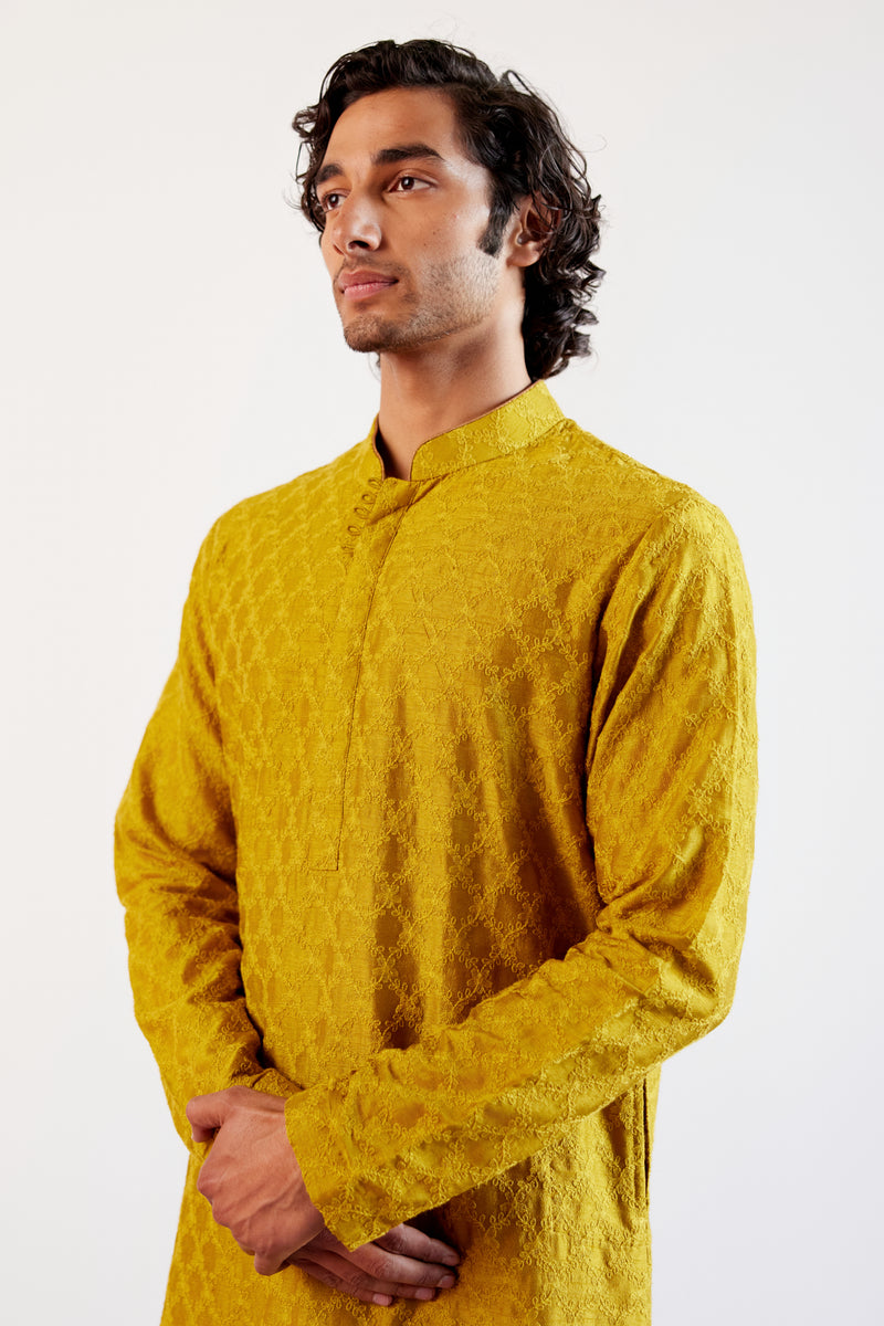 Mustard textured Chanderi Kurta Set