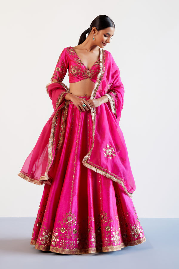 Fuchsia Pink Hand Embroidered Raw Silk Lehenga Set