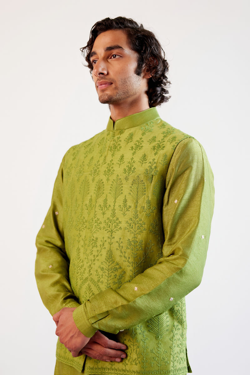Green Embroidered Kurta with Bundi Set