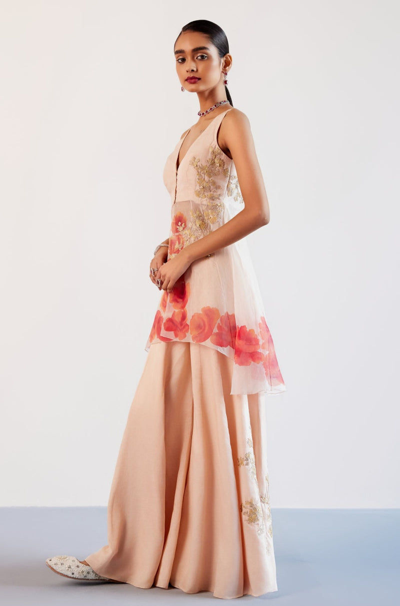 Blush Pink Silk Organza Hand-Painted Embroidered Sharara Set