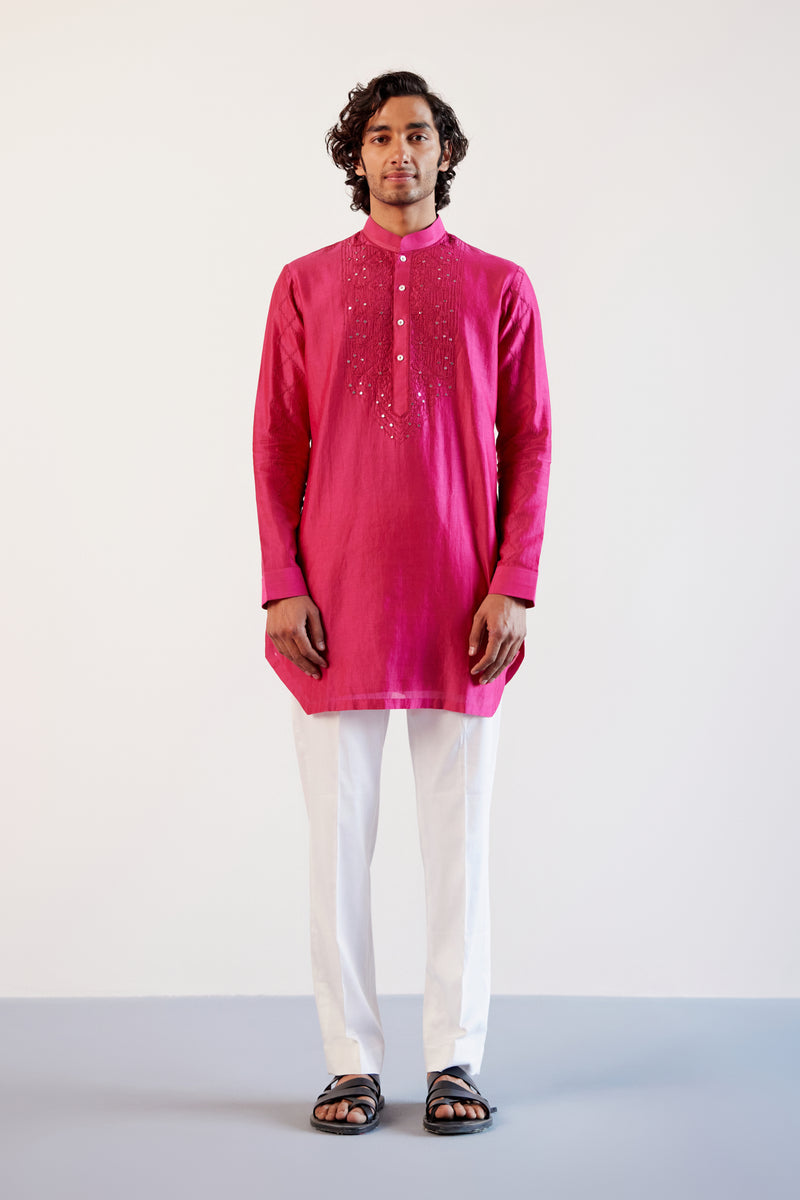 Fuchsia Pink Embroidered Chanderi Kurta Set