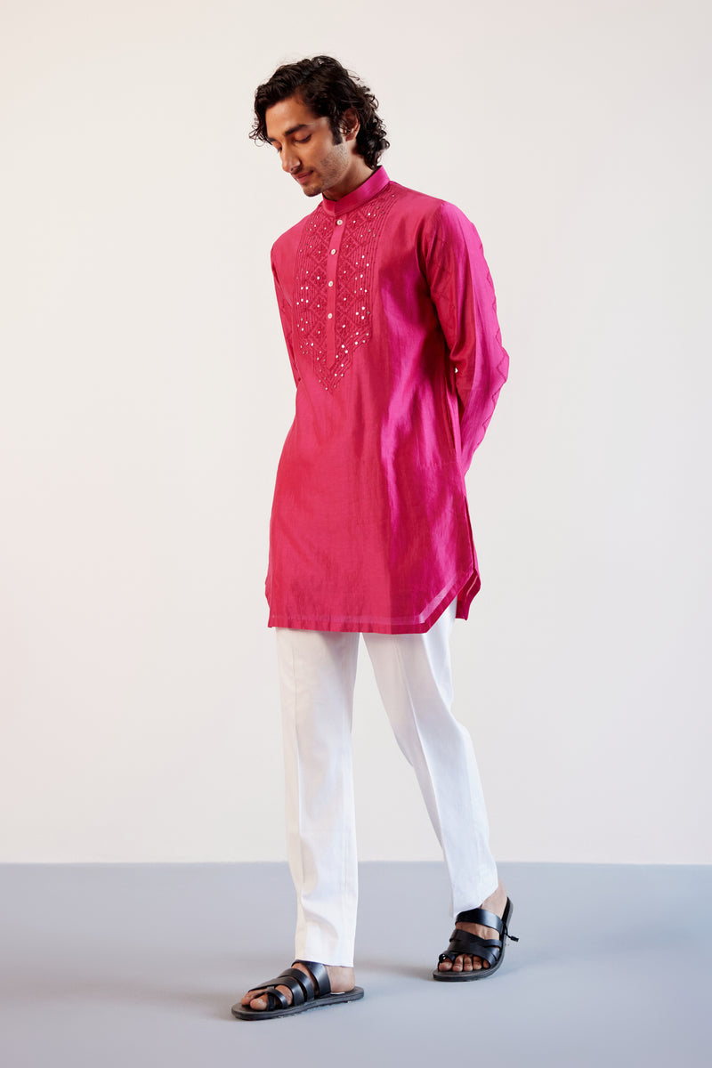 Fuchsia Pink Embroidered Chanderi Kurta Set