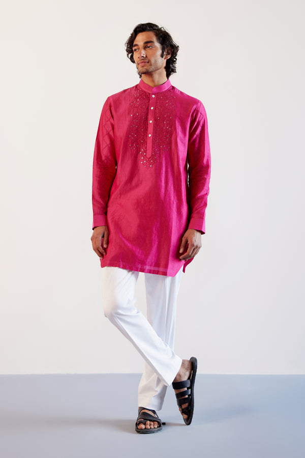 Fuchsia Pink Embroidered Chanderi Kurta Set