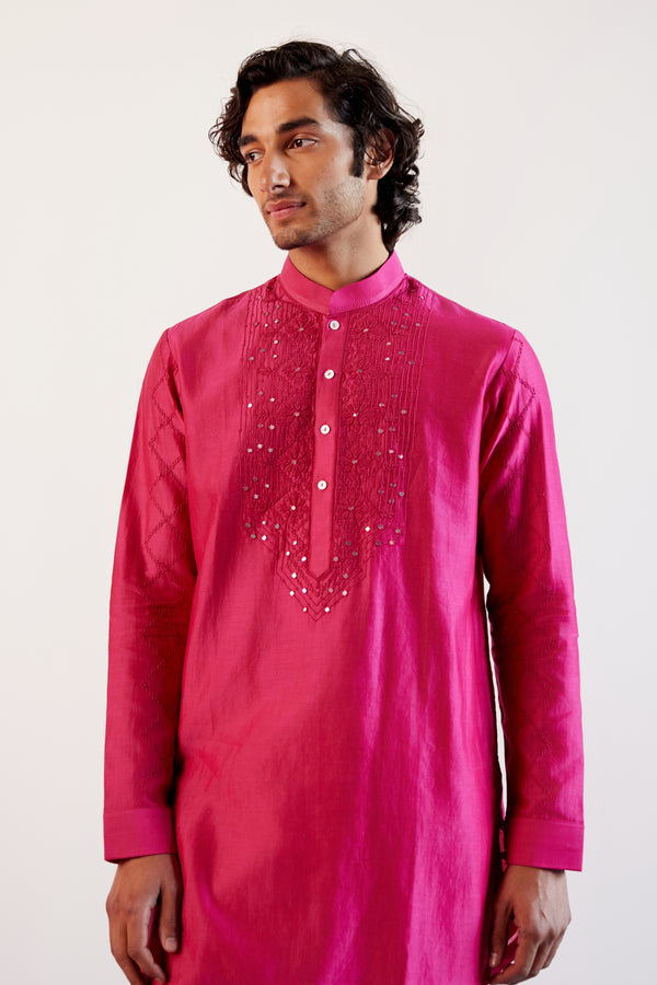 Fuchsia Pink Embroidered Chanderi Kurta Set