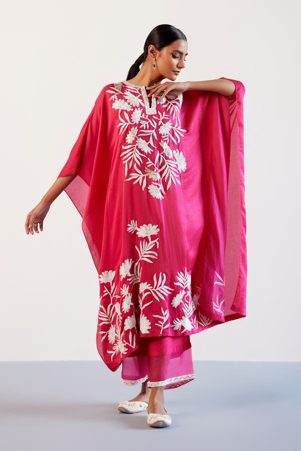 Fuchsia Pink Embroidered Cotton Silk Satin Kaftan Set