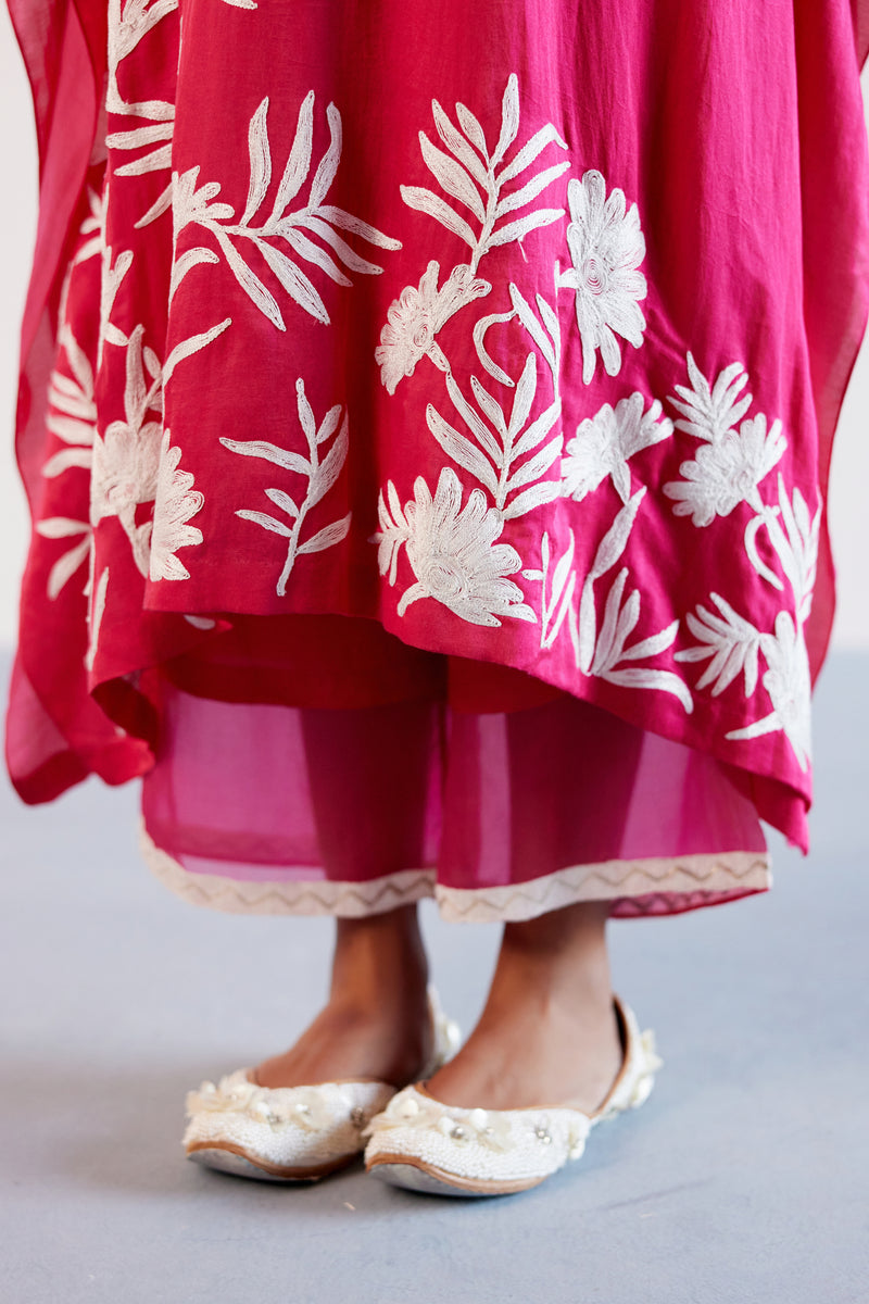 Fuchsia Pink Embroidered Cotton Silk Satin Kaftan Set