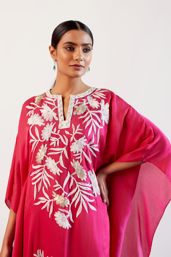 Fuchsia Pink Embroidered Cotton Silk Satin Kaftan Set