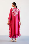 Fuchsia Pink Embroidered Cotton Silk Satin Kaftan Set