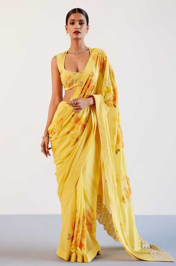 Yellow Georgette Hand-Painted Embroidered Saree