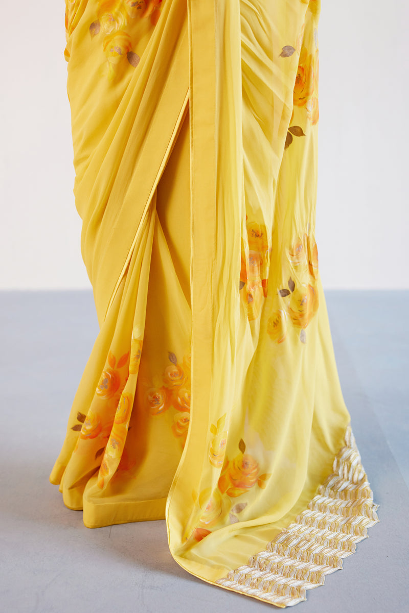 Yellow Georgette Hand-Painted Embroidered Saree