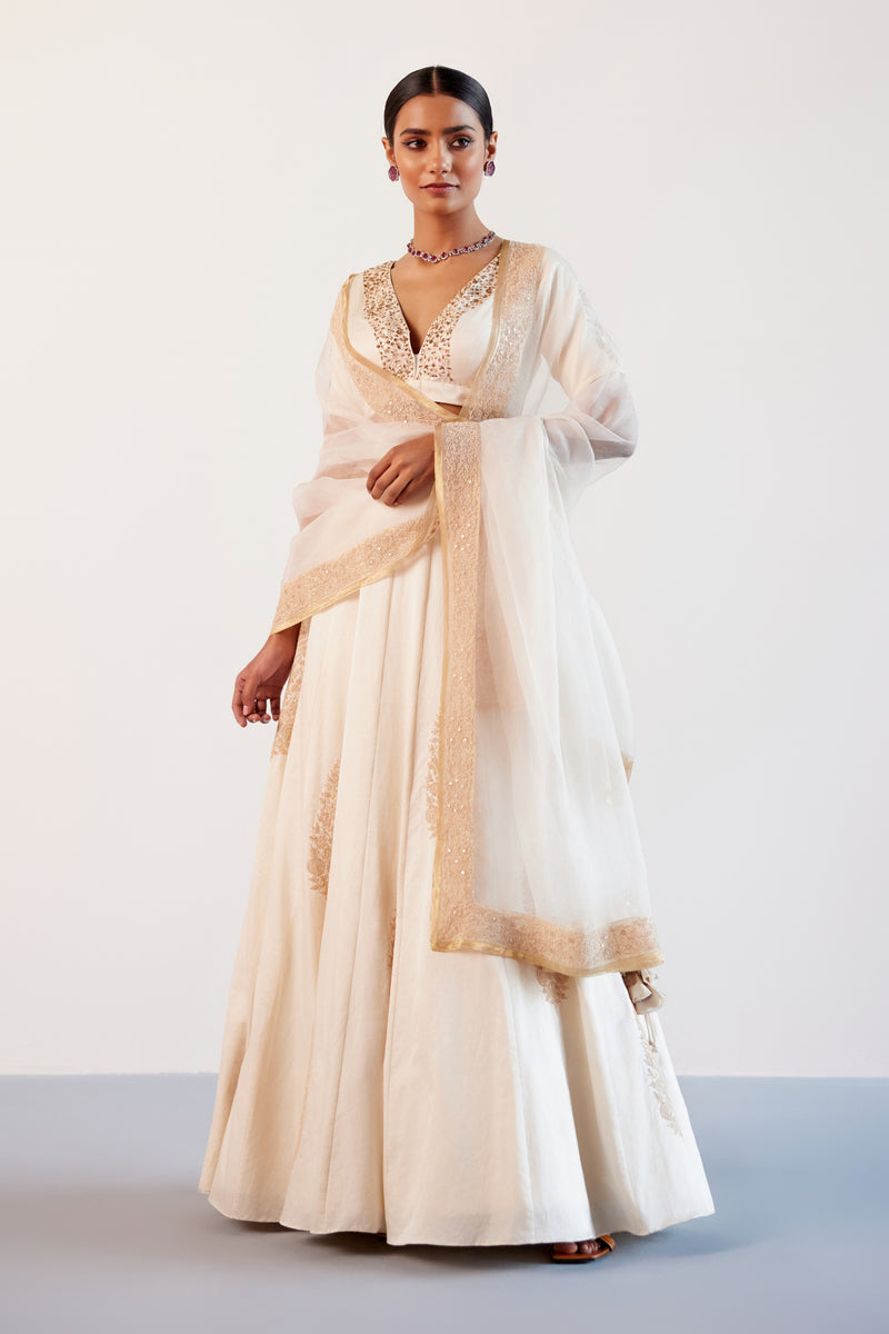 Ivory Resham Embroidered Cotton Silk Lehenga Set