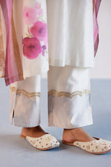 Ivory and Pink Silk Chanderi Hand-Painted Embroidered Kaftan Set