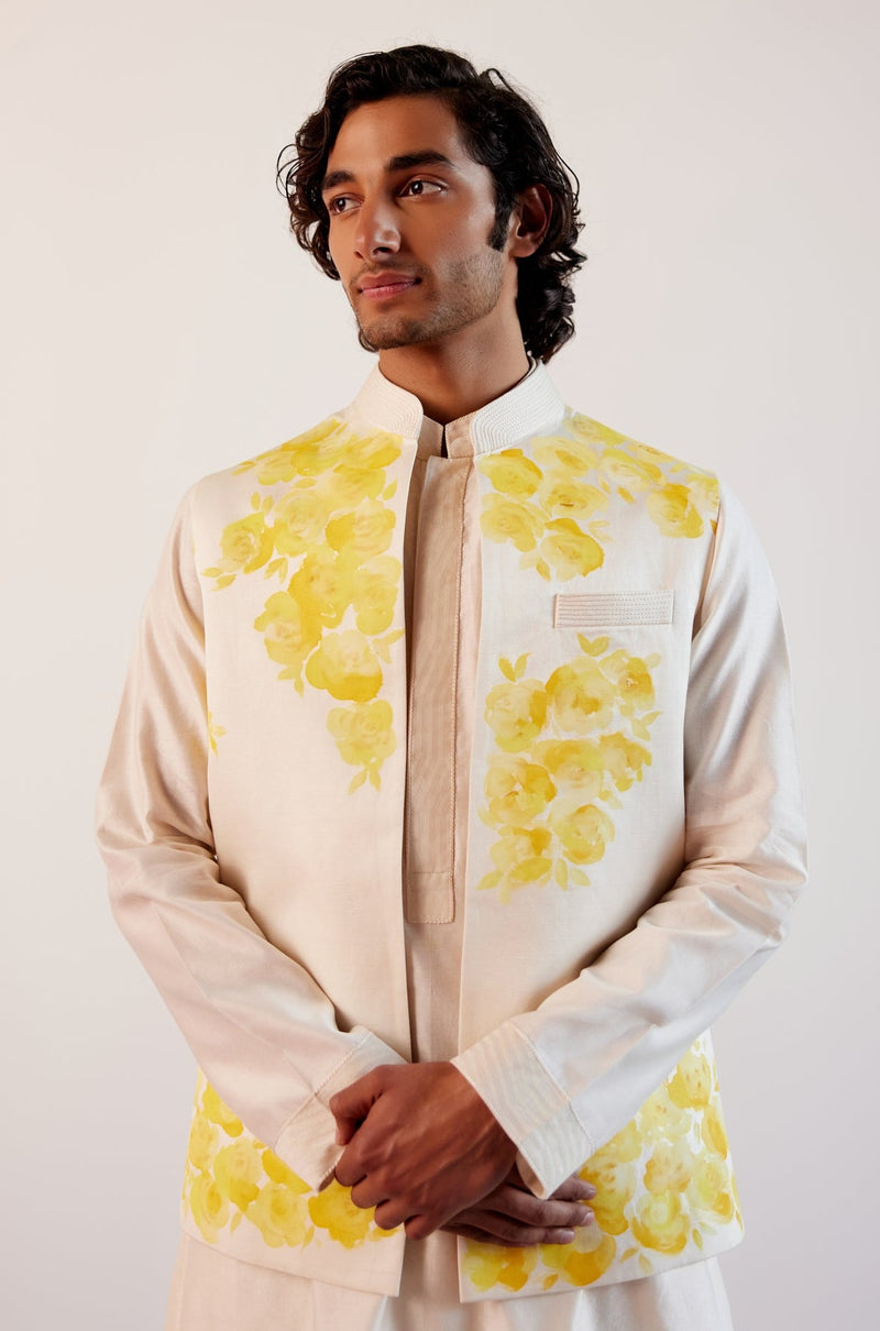 Ivory Silk Chanderi Kurta and Hand-Painted Bundi Set