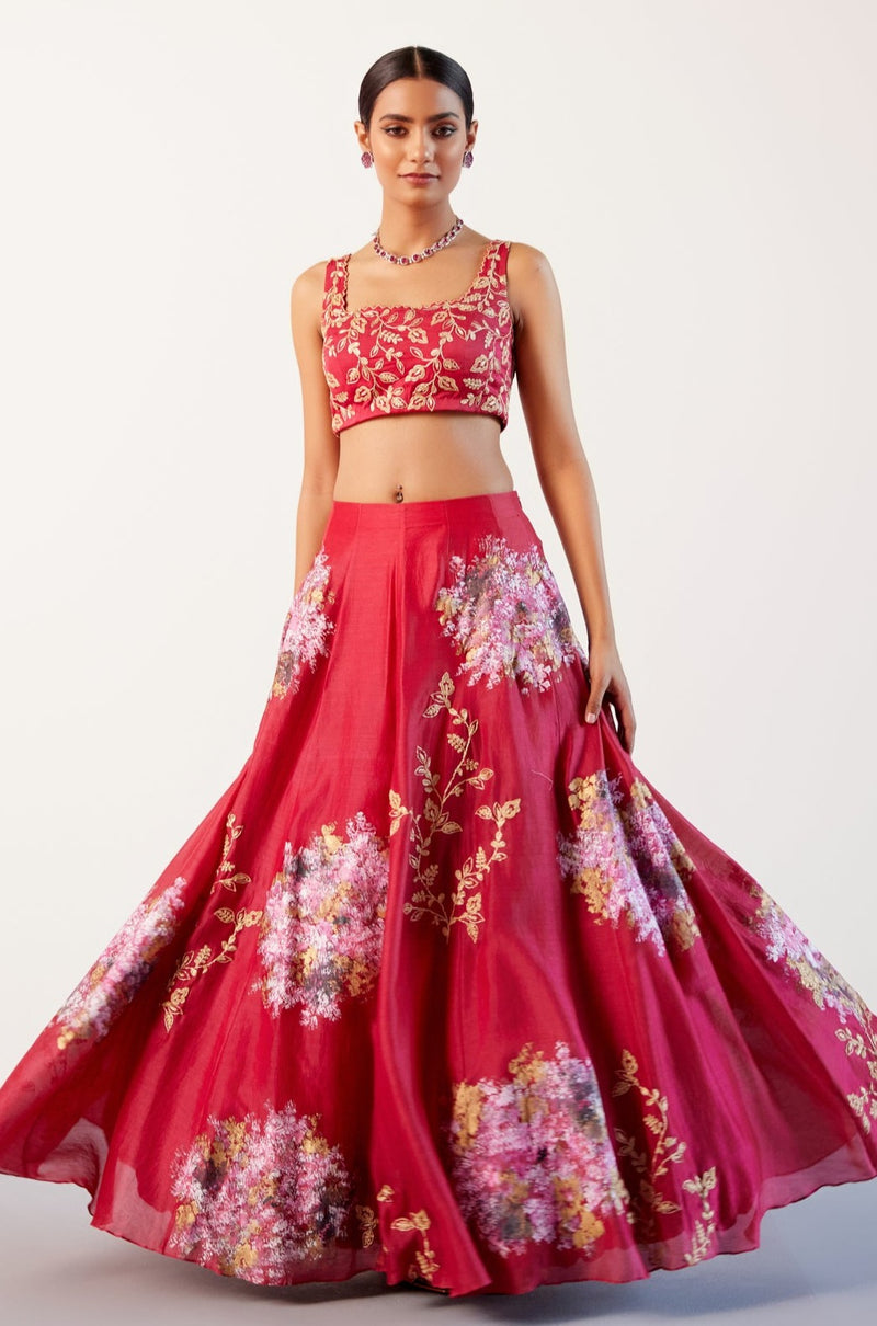 Fuchsia Pink Silk Chanderi Hand-Painted Lehenga Set