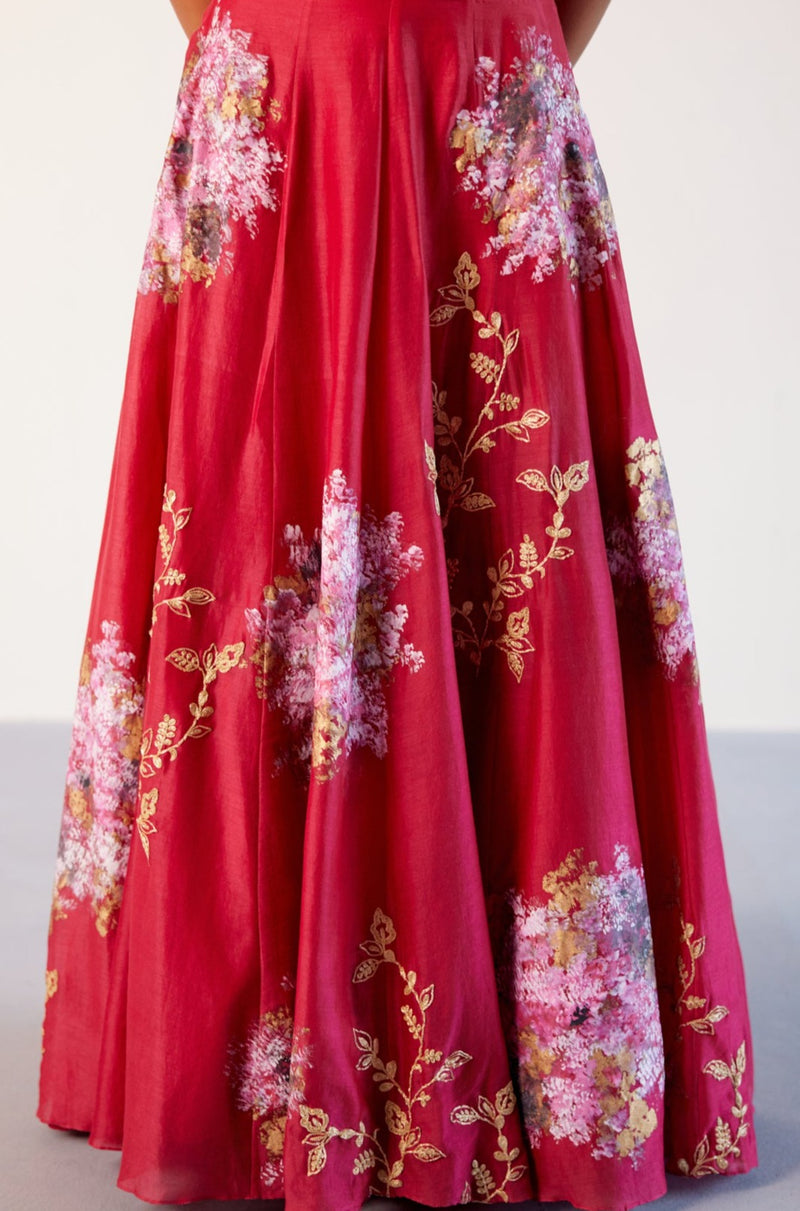 Fuchsia Pink Silk Chanderi Hand-Painted Lehenga Set