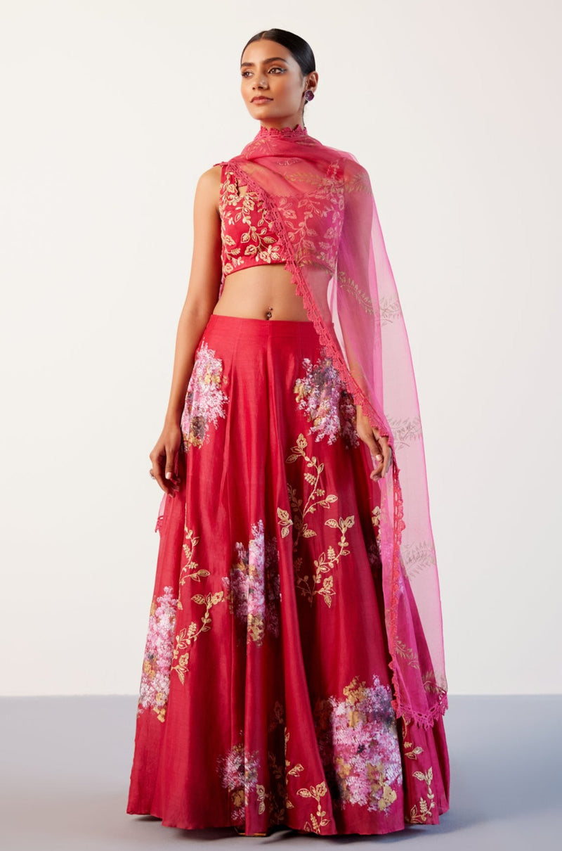 Fuchsia Pink Silk Chanderi Hand-Painted Lehenga Set